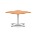 Square coffee table with grey wood-effect top and white metal base on a white background