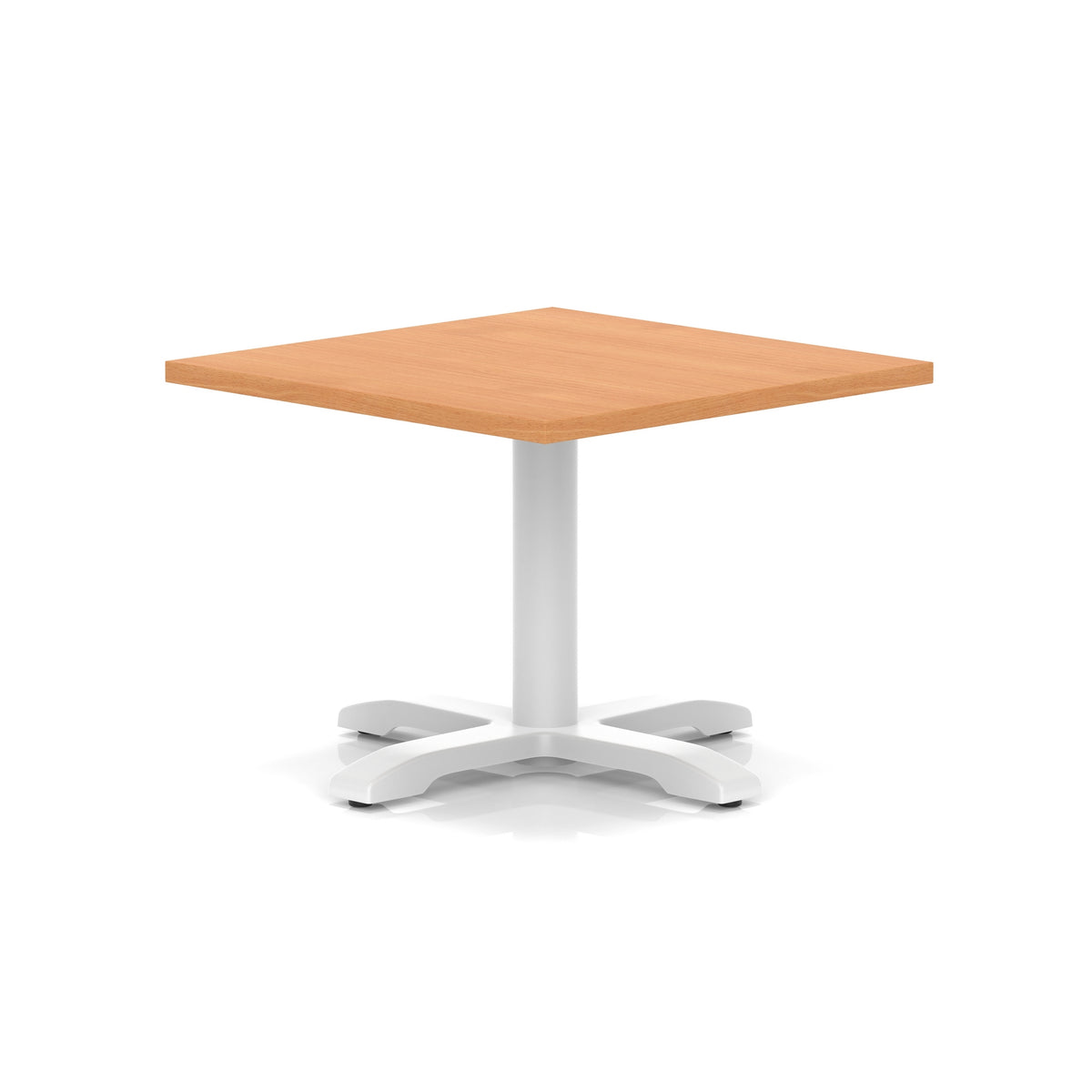 Square coffee table with grey wood-effect top and white metal base on a white background