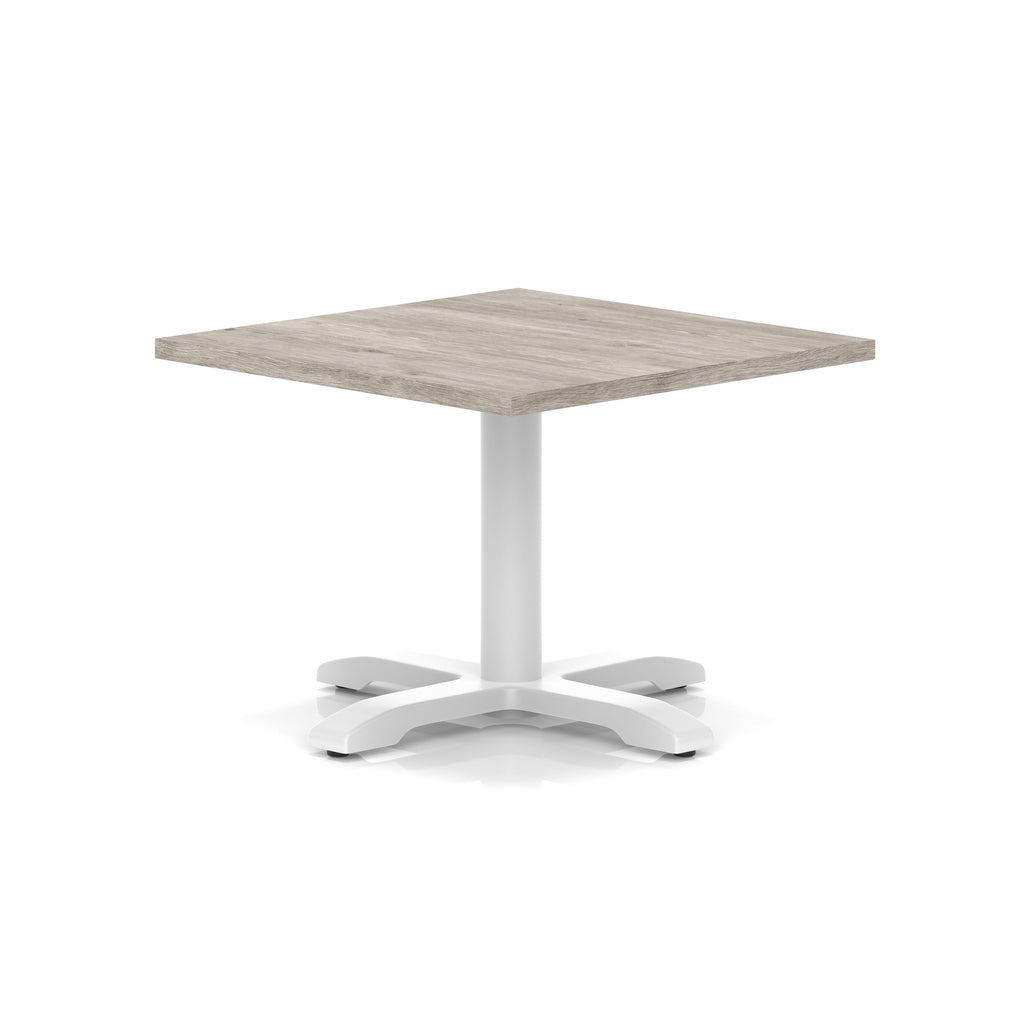 Square coffee table with grey wood-effect top and white metal base on a white background
