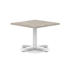 Square coffee table with grey wood-effect top and white metal base on a white background
