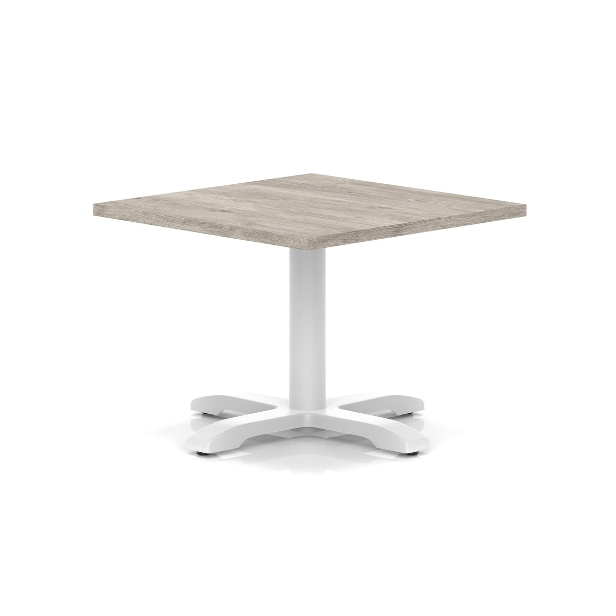 Square coffee table with grey wood-effect top and white metal base on a white background