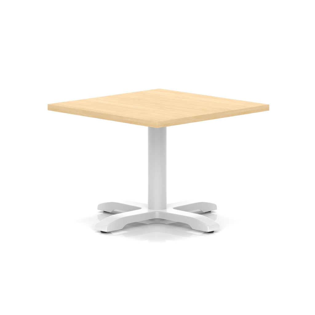 Square coffee table with wood-effect top and white metal base on a white background