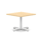 Square coffee table with wood-effect top and white metal base on a white background