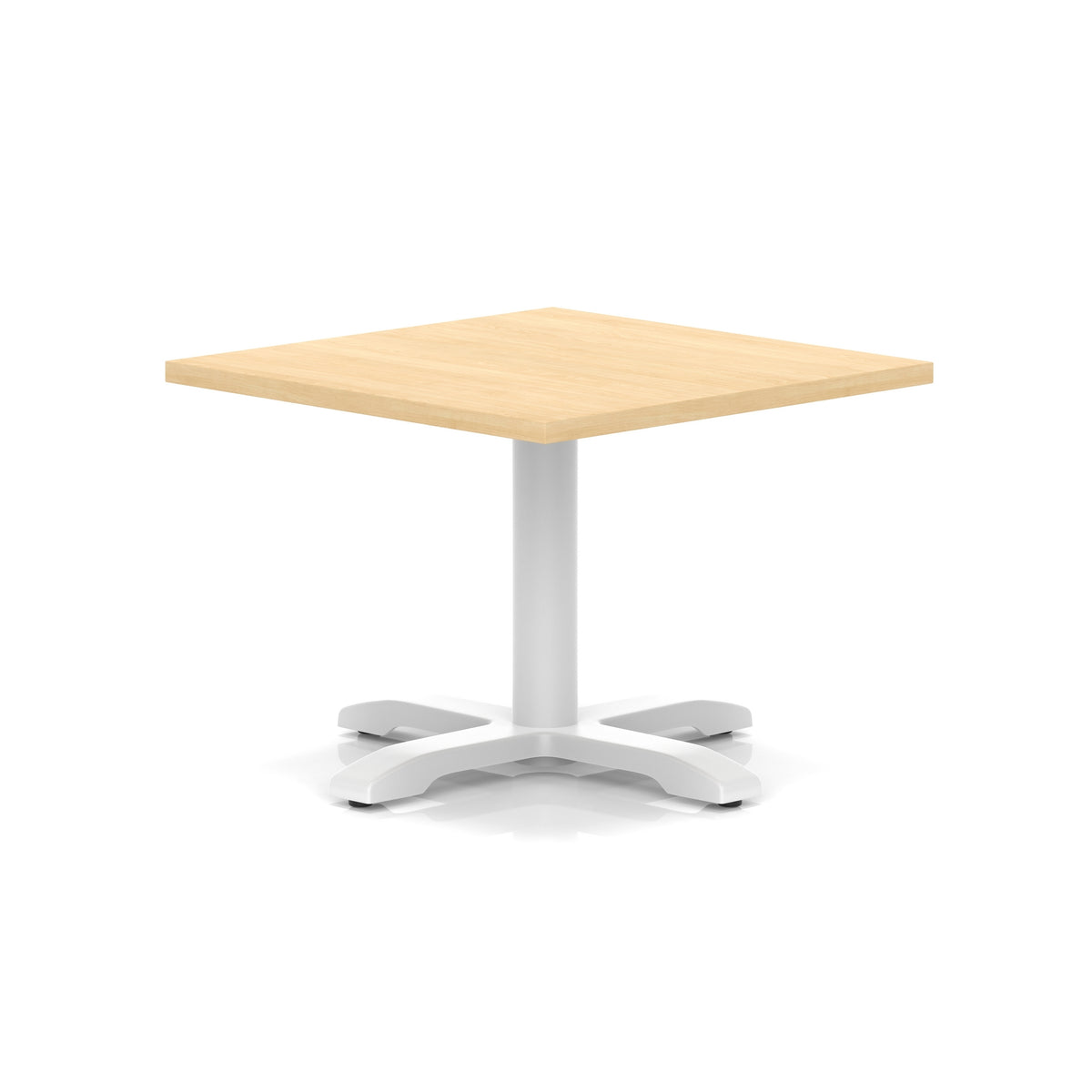 Square coffee table with wood-effect top and white metal base on a white background