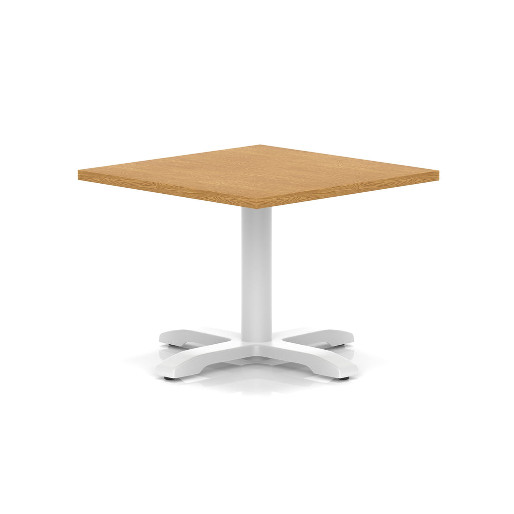 Square coffee table with wood-effect top and white metal base on a white background