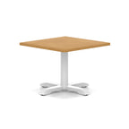 Square coffee table with wood-effect top and white metal base on a white background