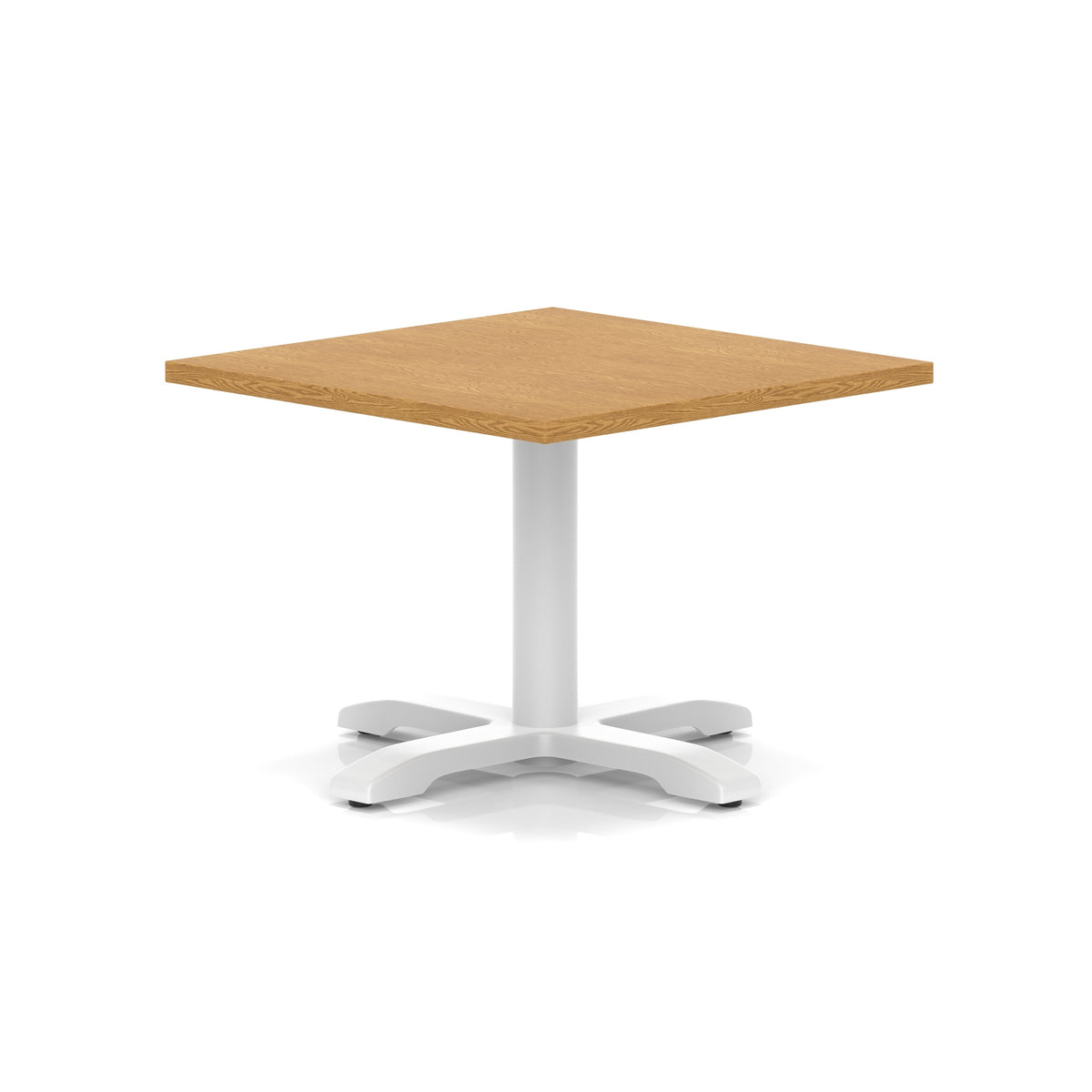 Square coffee table with wood-effect top and white metal base on a white background