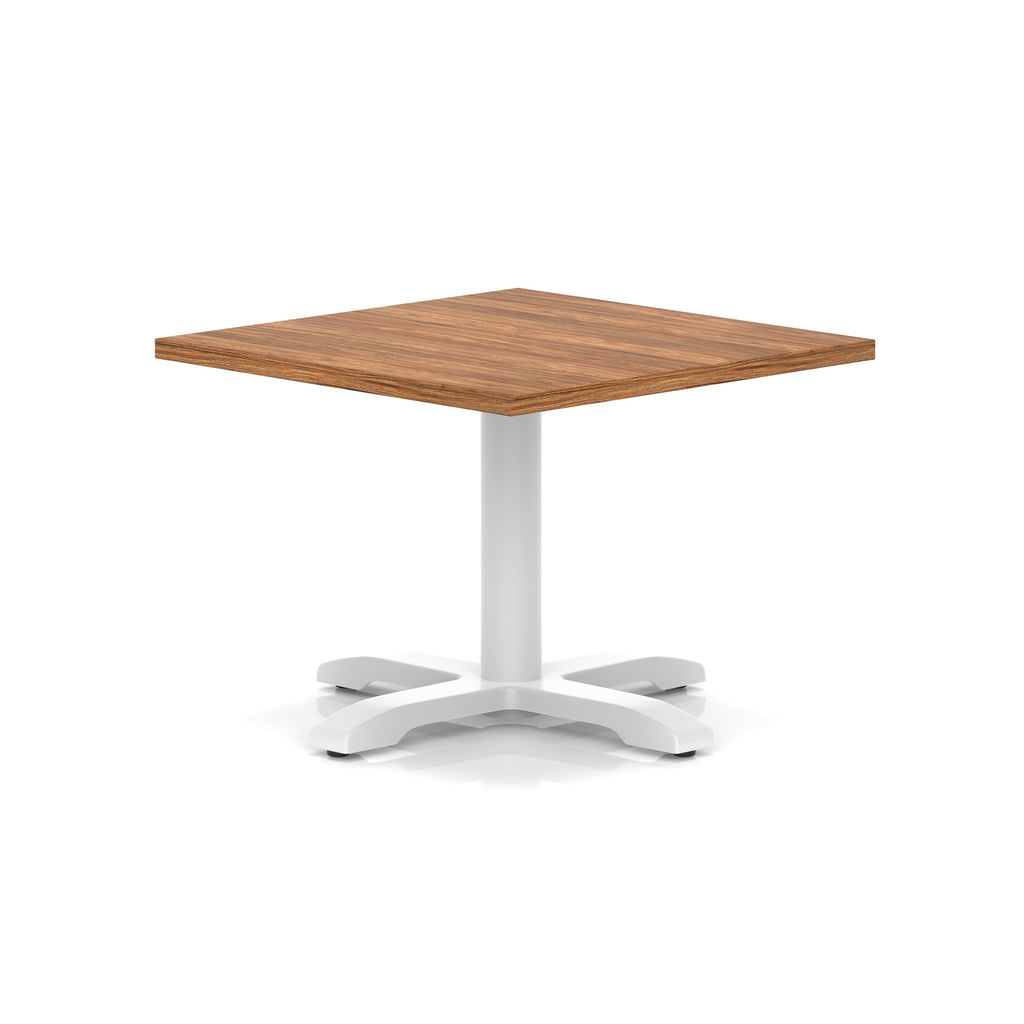 Square coffee table with wood-effect top and white metal base on a white background