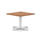 Square coffee table with wood-effect top and white metal base on a white background