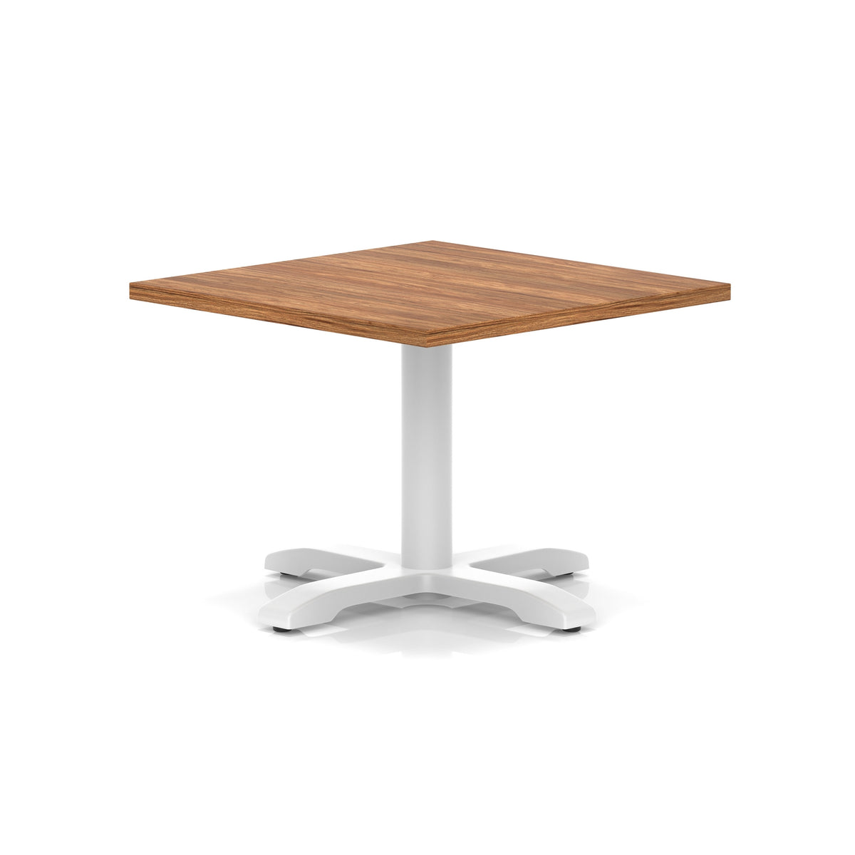 Square coffee table with wood-effect top and white metal base on a white background