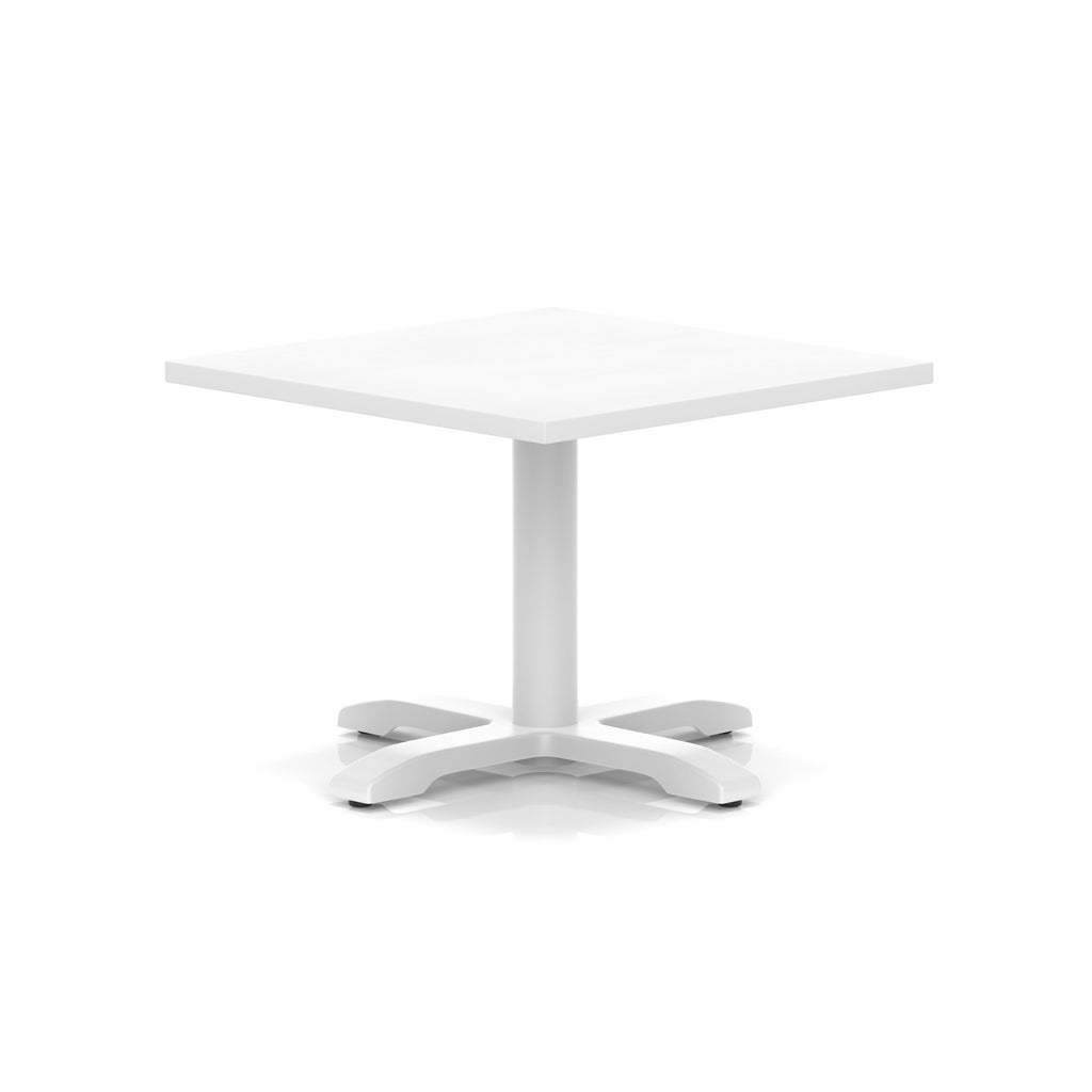 White square coffee table with a modern base on a white background