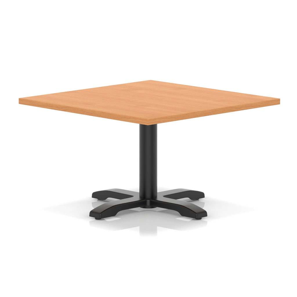 Square coffee table with grey wood-effect top and black metal base on a white background