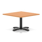 Square coffee table with grey wood-effect top and black metal base on a white background