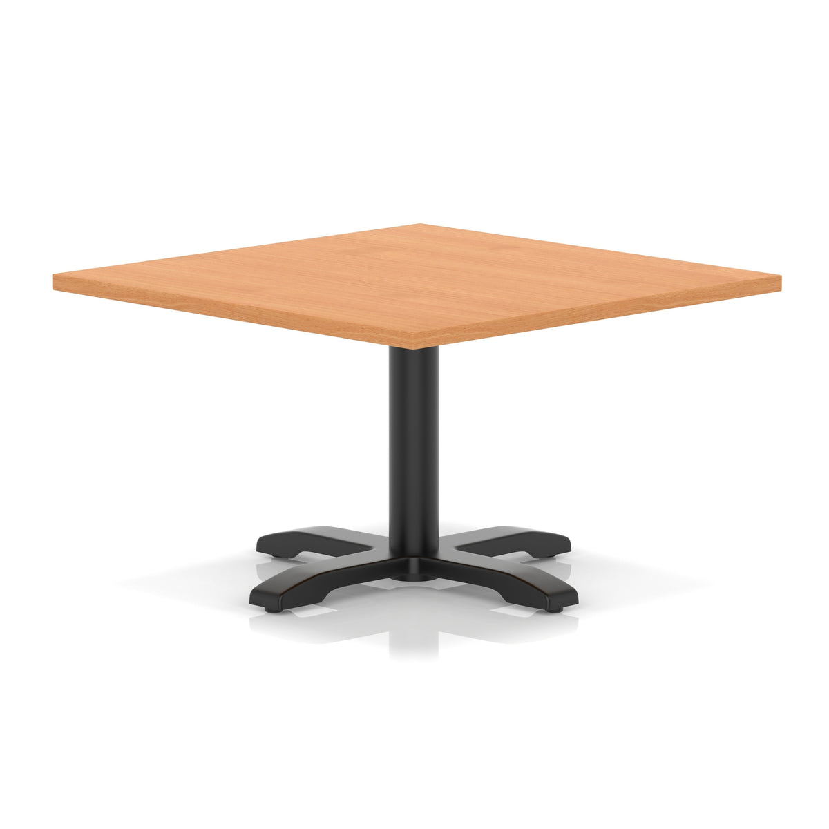 Square coffee table with grey wood-effect top and black metal base on a white background