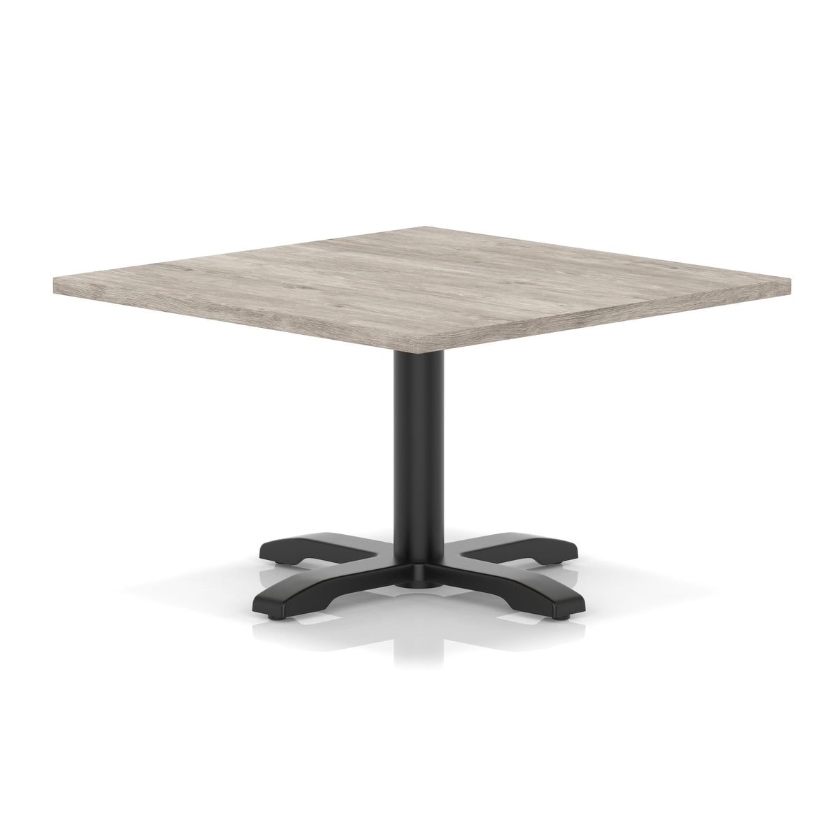 Square coffee table with grey wood-effect top and black metal base on a white background