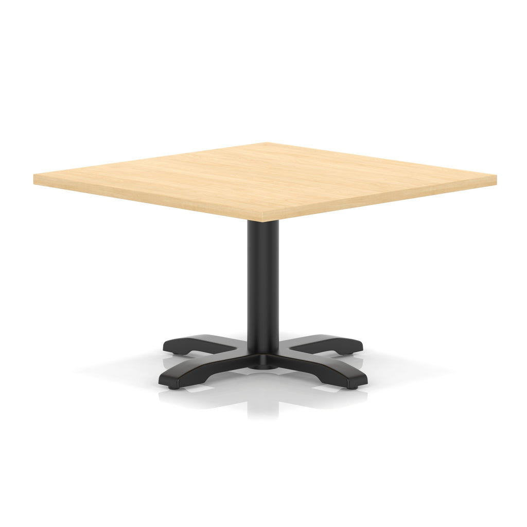 Square coffee table with wood-effect top and black metal base on a white background