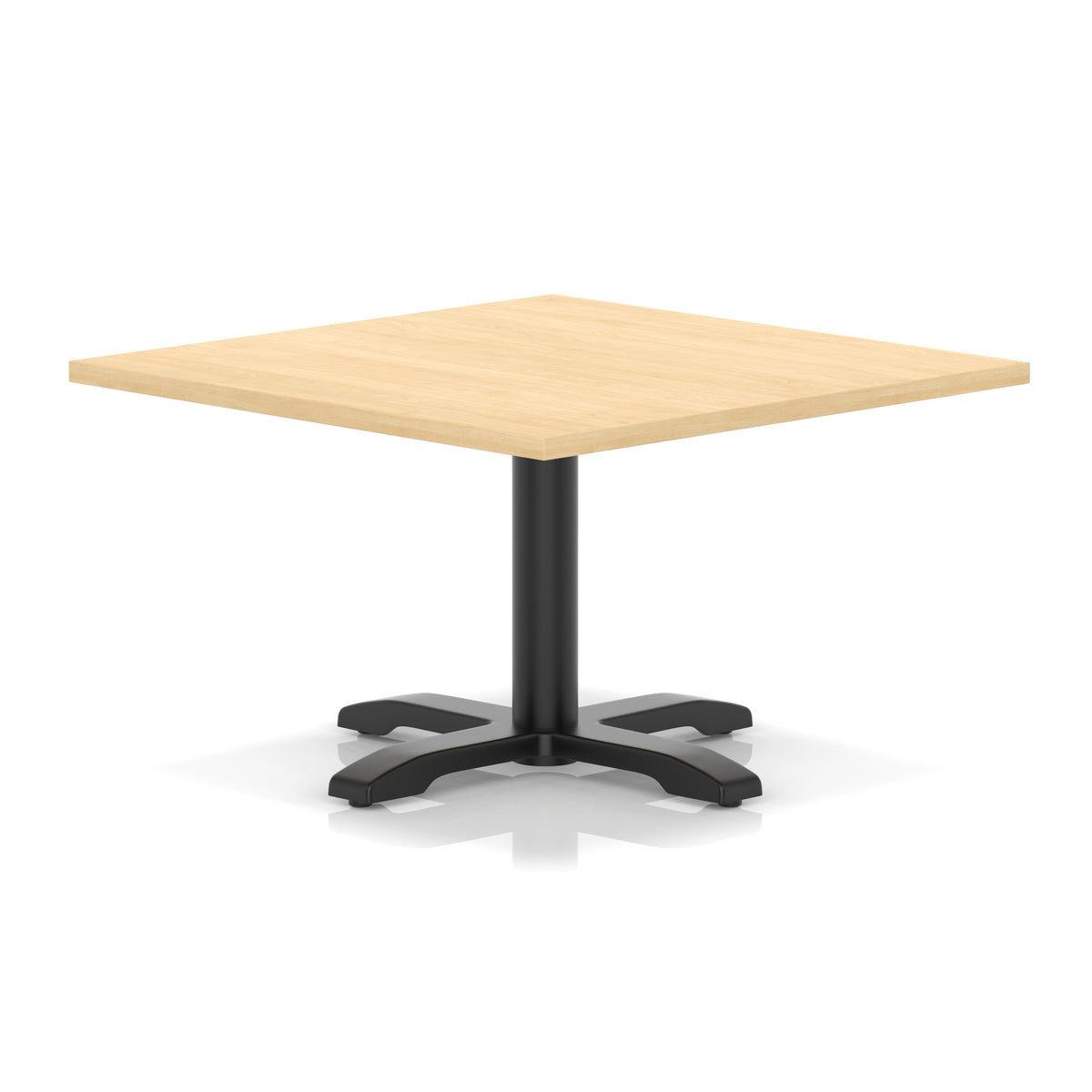 Square coffee table with wood-effect top and black metal base on a white background