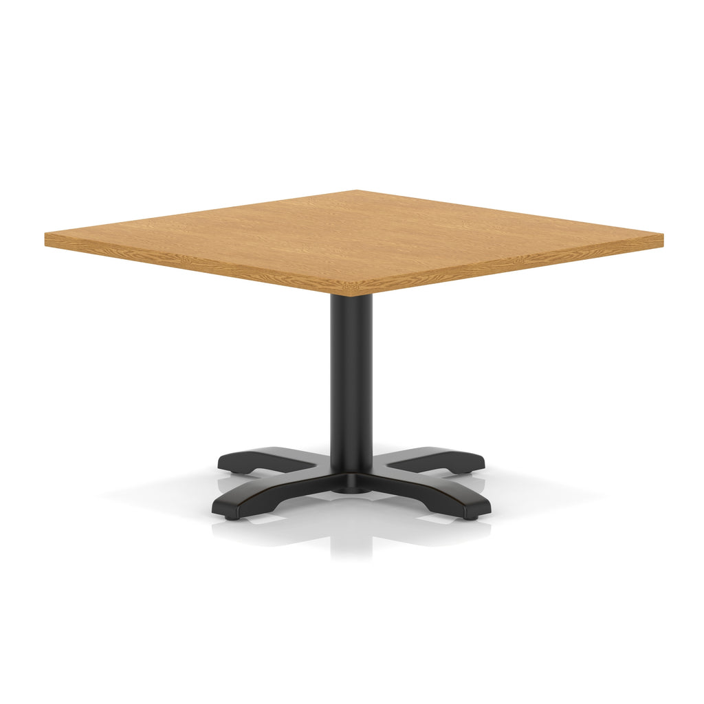 Square coffee table with wood-effect top and black metal base on a white background