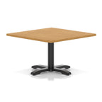 Square coffee table with wood-effect top and black metal base on a white background