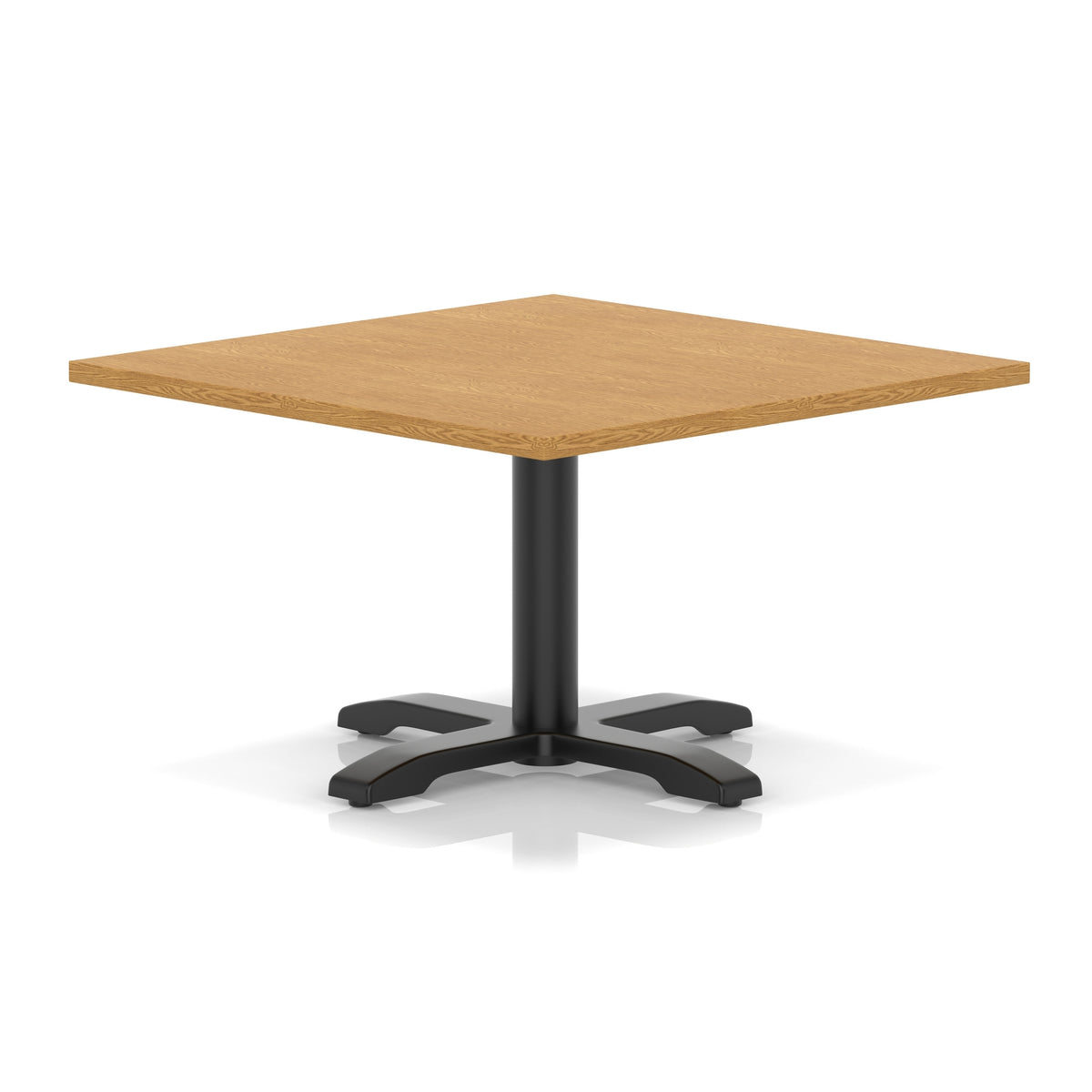 Square coffee table with wood-effect top and black metal base on a white background