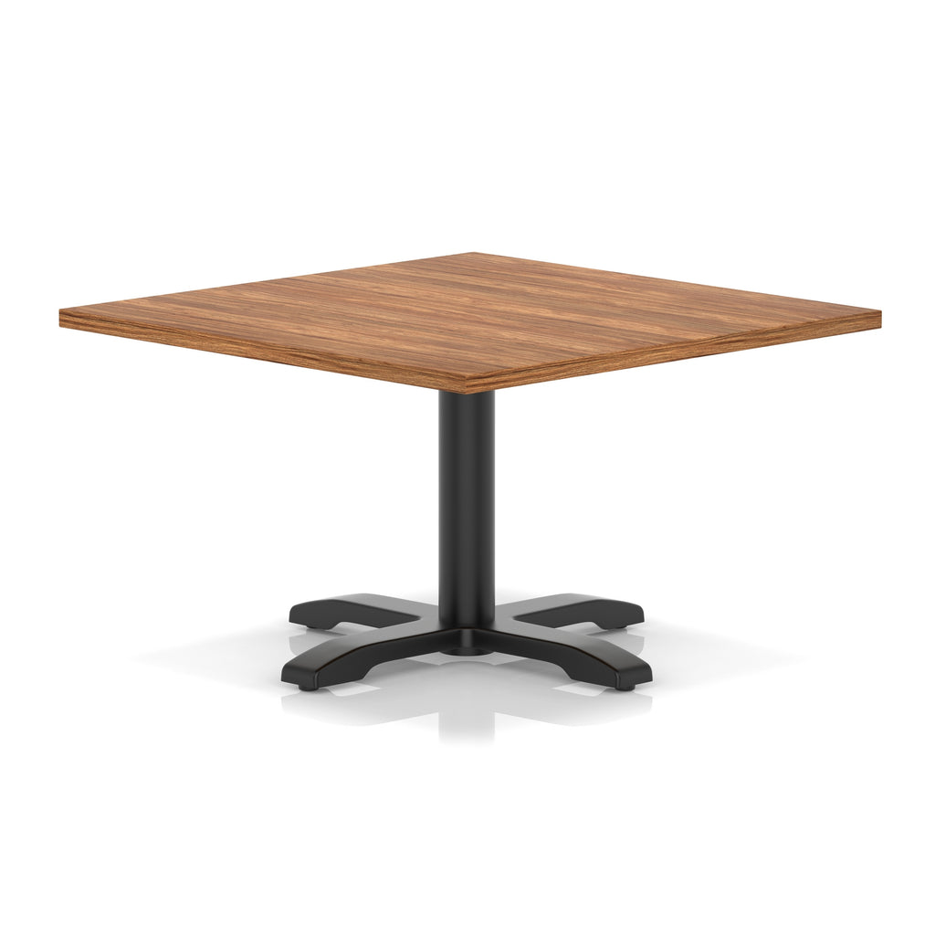 Square coffee table with wood-effect top and black metal base on a white background