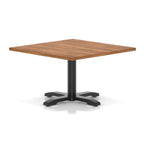 Square coffee table with wood-effect top and black metal base on a white background