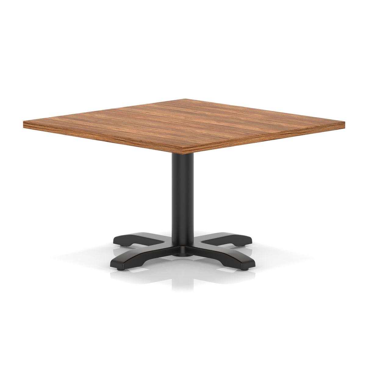 Square coffee table with wood-effect top and black metal base on a white background