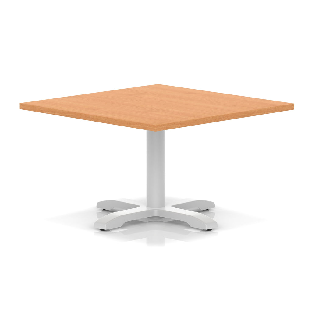 Square coffee table with grey wood-effect top and white metal base on a white background