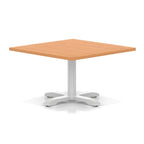 Square coffee table with grey wood-effect top and white metal base on a white background