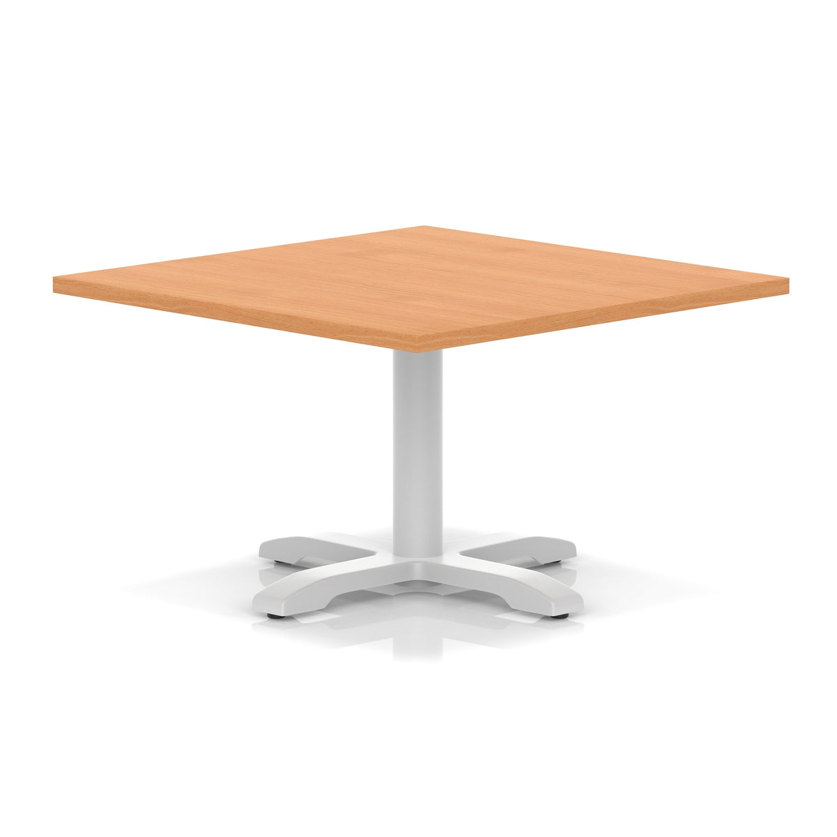 Square coffee table with grey wood-effect top and white metal base on a white background