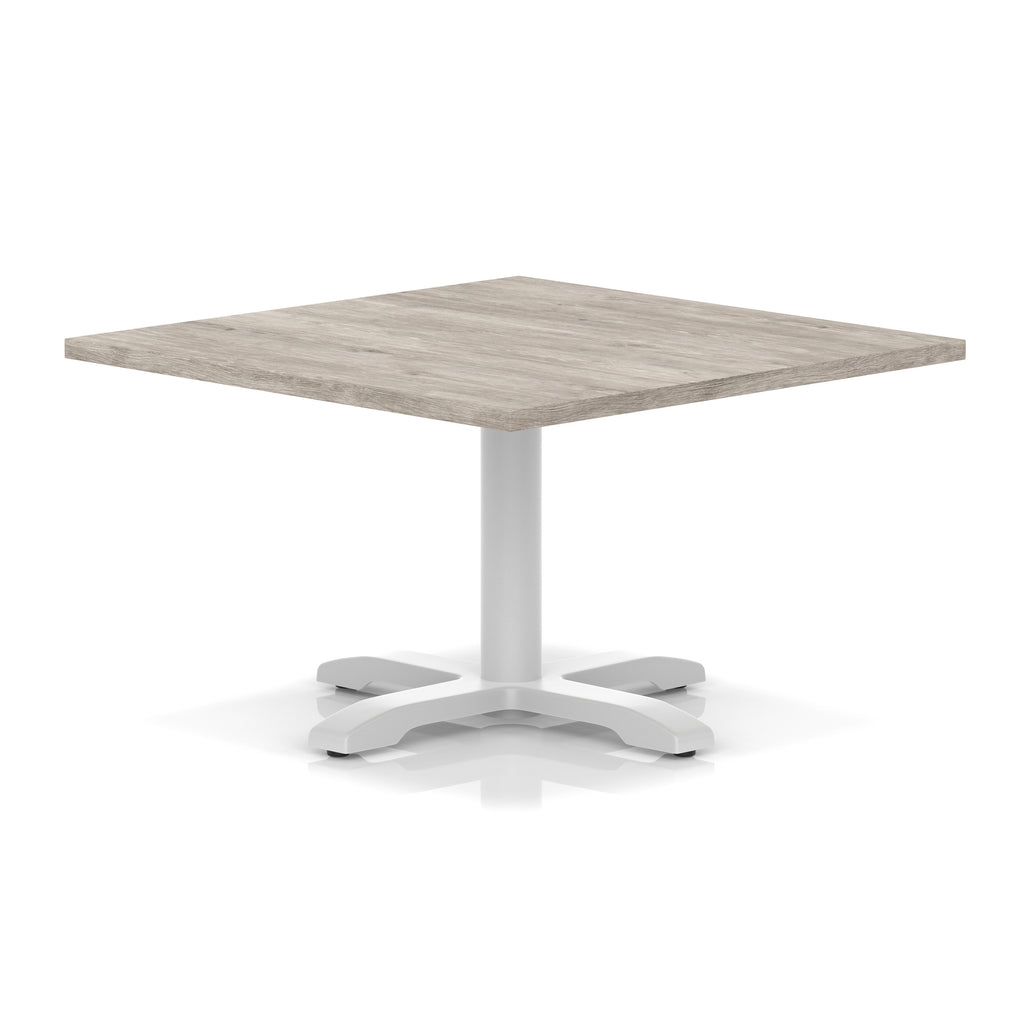 Square coffee table with grey wood-effect top and white metal base on a white background