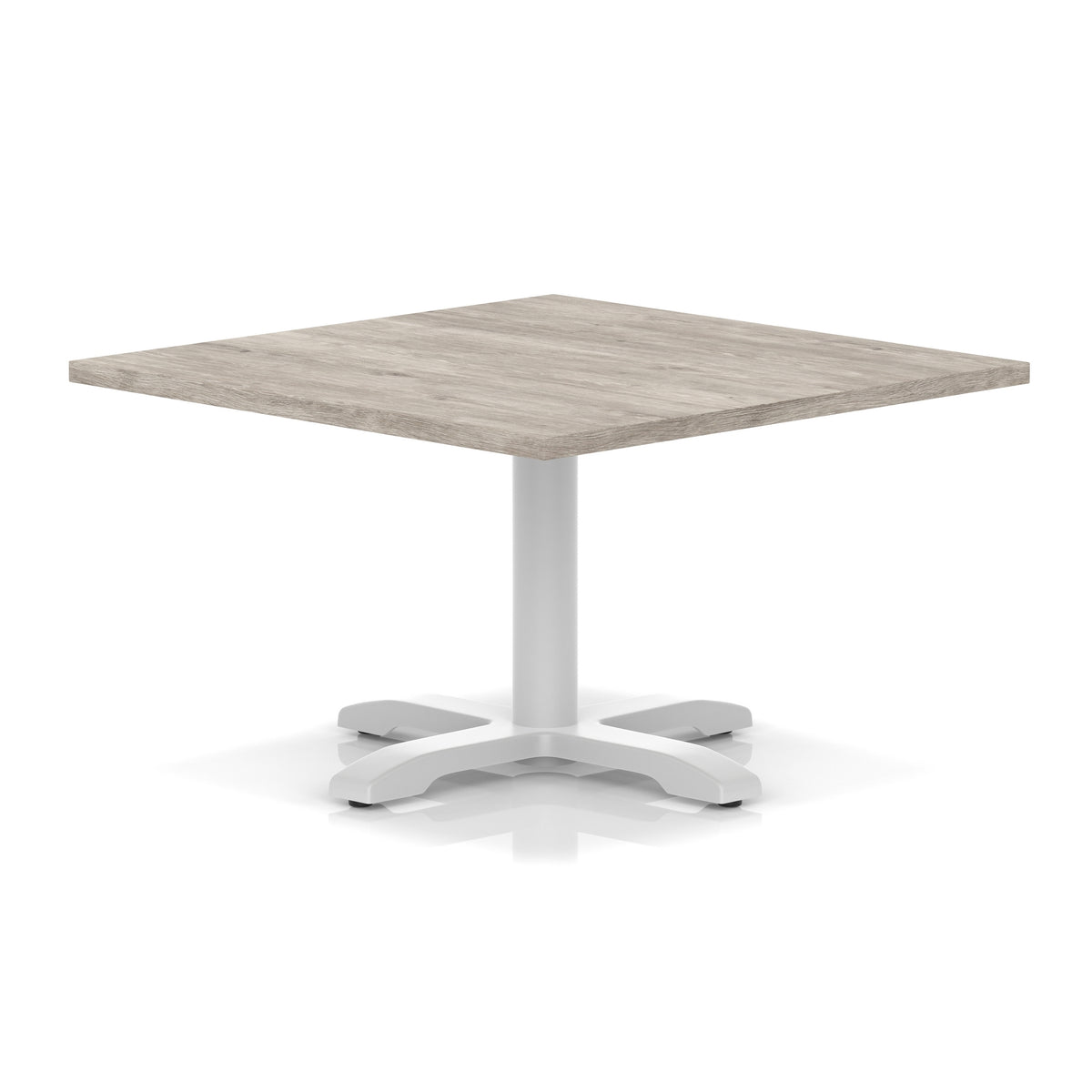 Square coffee table with grey wood-effect top and white metal base on a white background