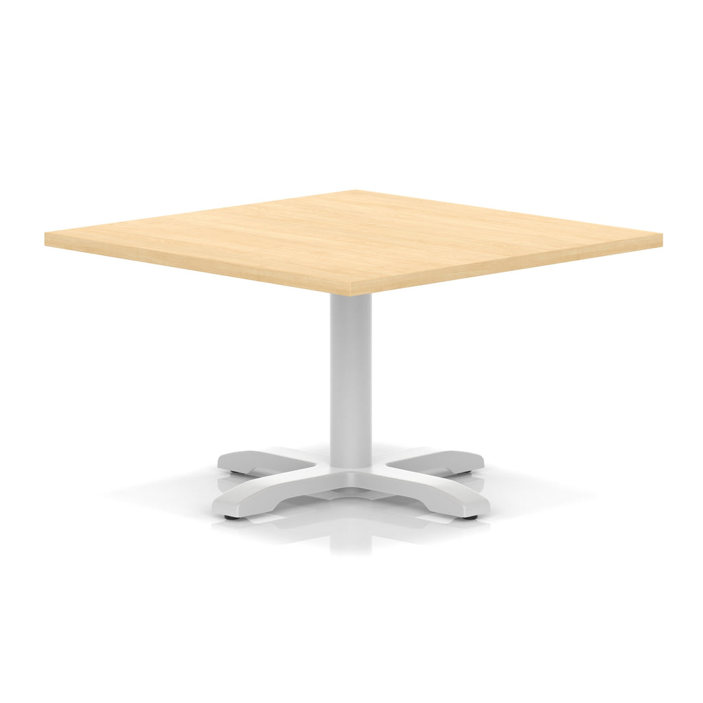 Square coffee table with wood-effect top and white metal base on a white background