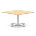 Square coffee table with wood-effect top and white metal base on a white background