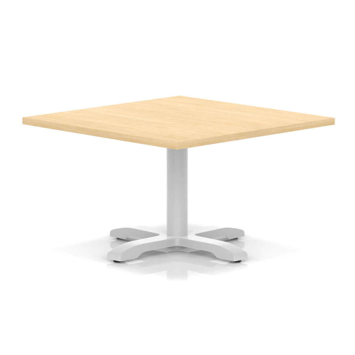 Square coffee table with wood-effect top and white metal base on a white background
