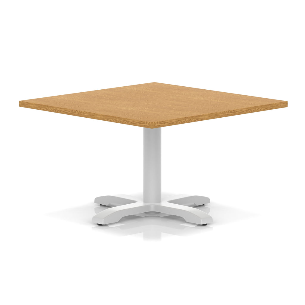 Square coffee table with wood-effect top and white metal base on a white background