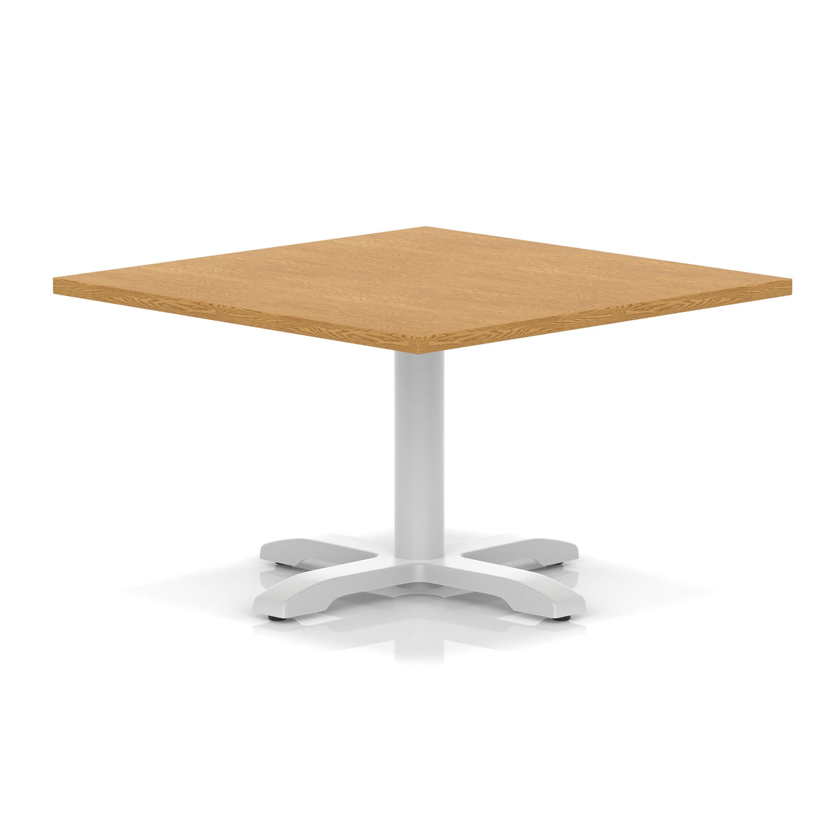 Square coffee table with wood-effect top and white metal base on a white background