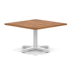 Square coffee table with wood-effect top and white metal base on a white background