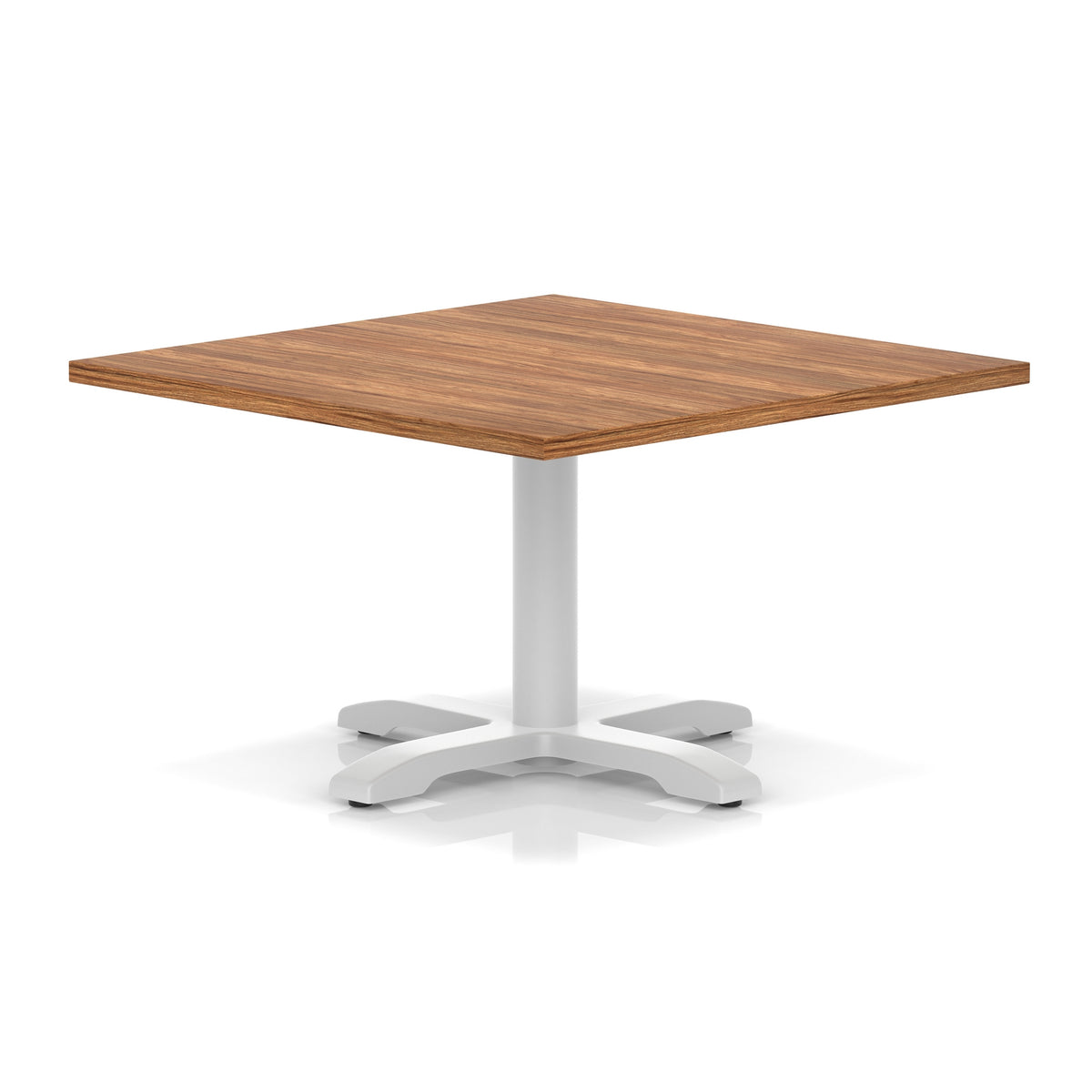 Square coffee table with wood-effect top and white metal base on a white background