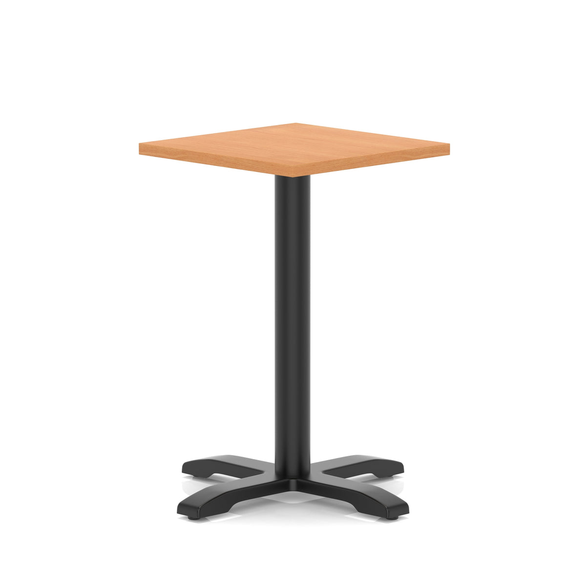 Square table with grey wood-effect top and black metal base on a white background
