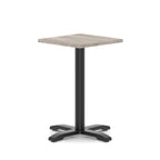 Square table with grey wood-effect top and black metal base on a white background