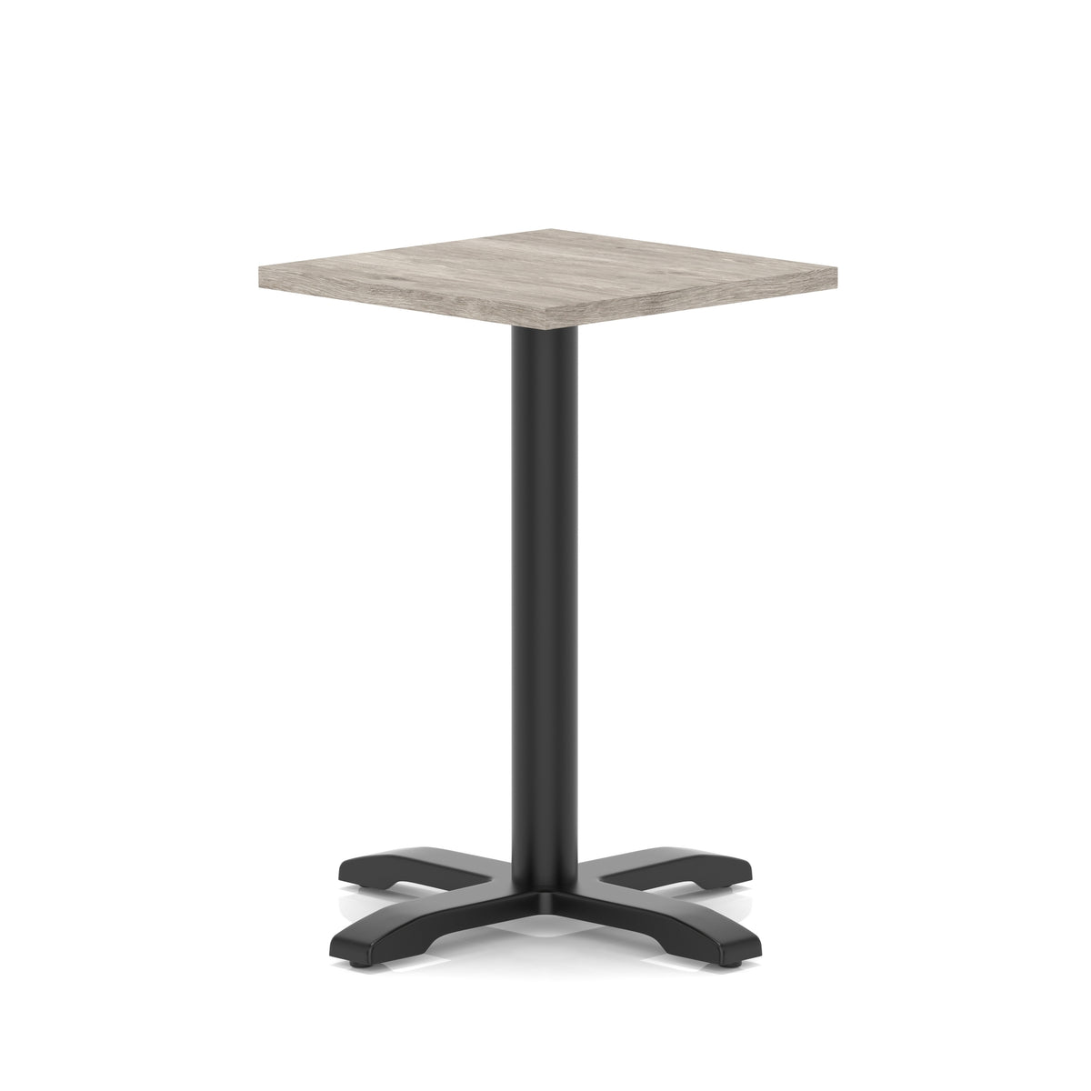Square table with grey wood-effect top and black metal base on a white background