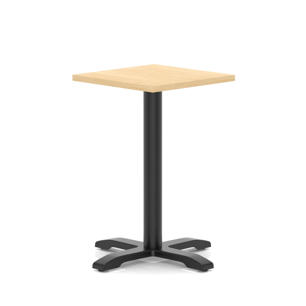 Square table with wood-effect top and black metal base on a white background