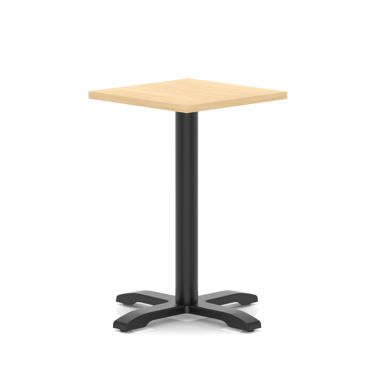 Square table with wood-effect top and black metal base on a white background