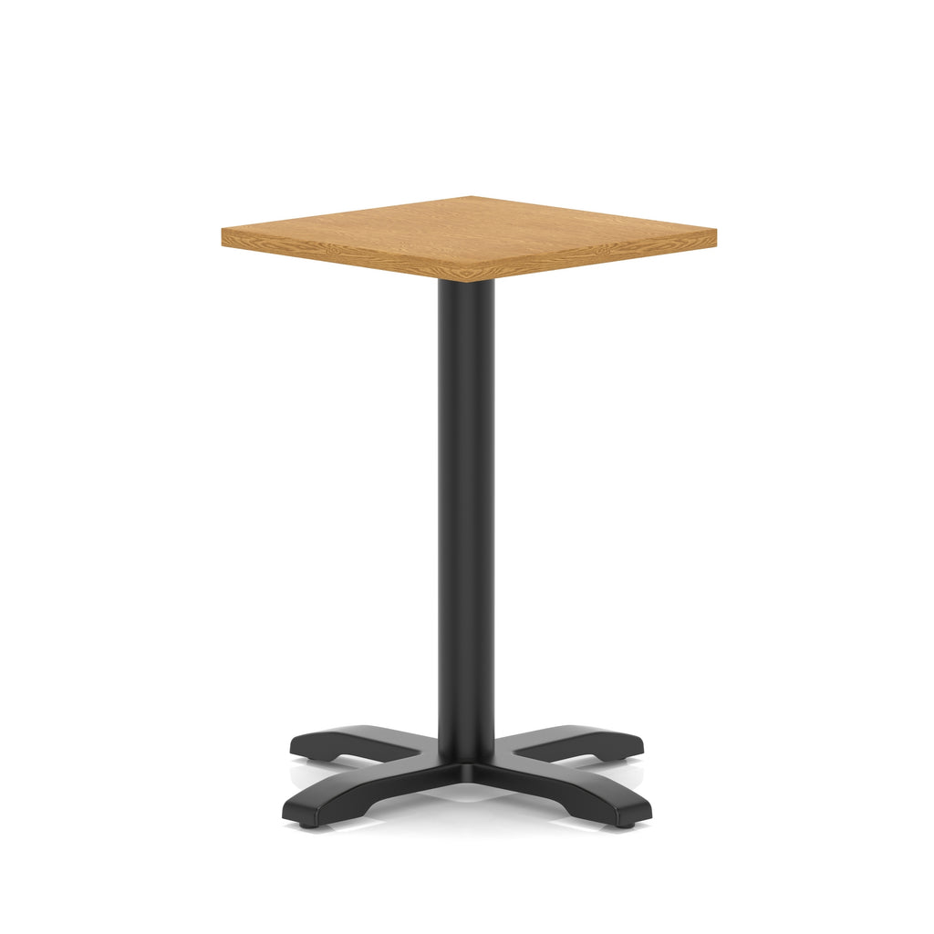 Square table with wood-effect top and black metal base on a white background