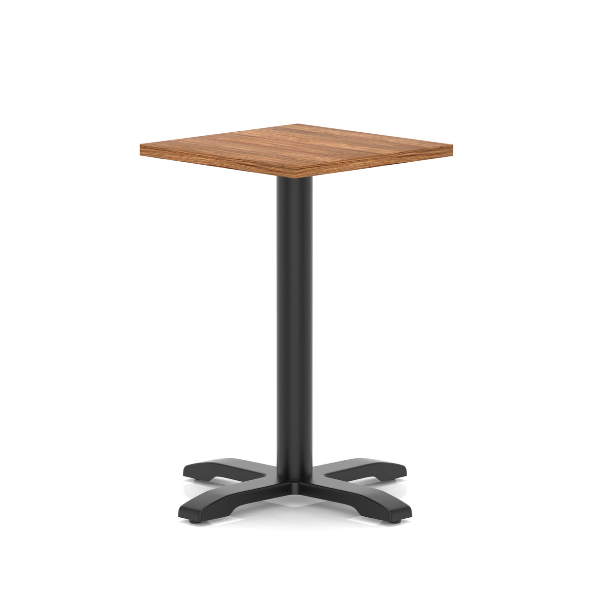 Square table with wood-effect top and black metal base on a white background