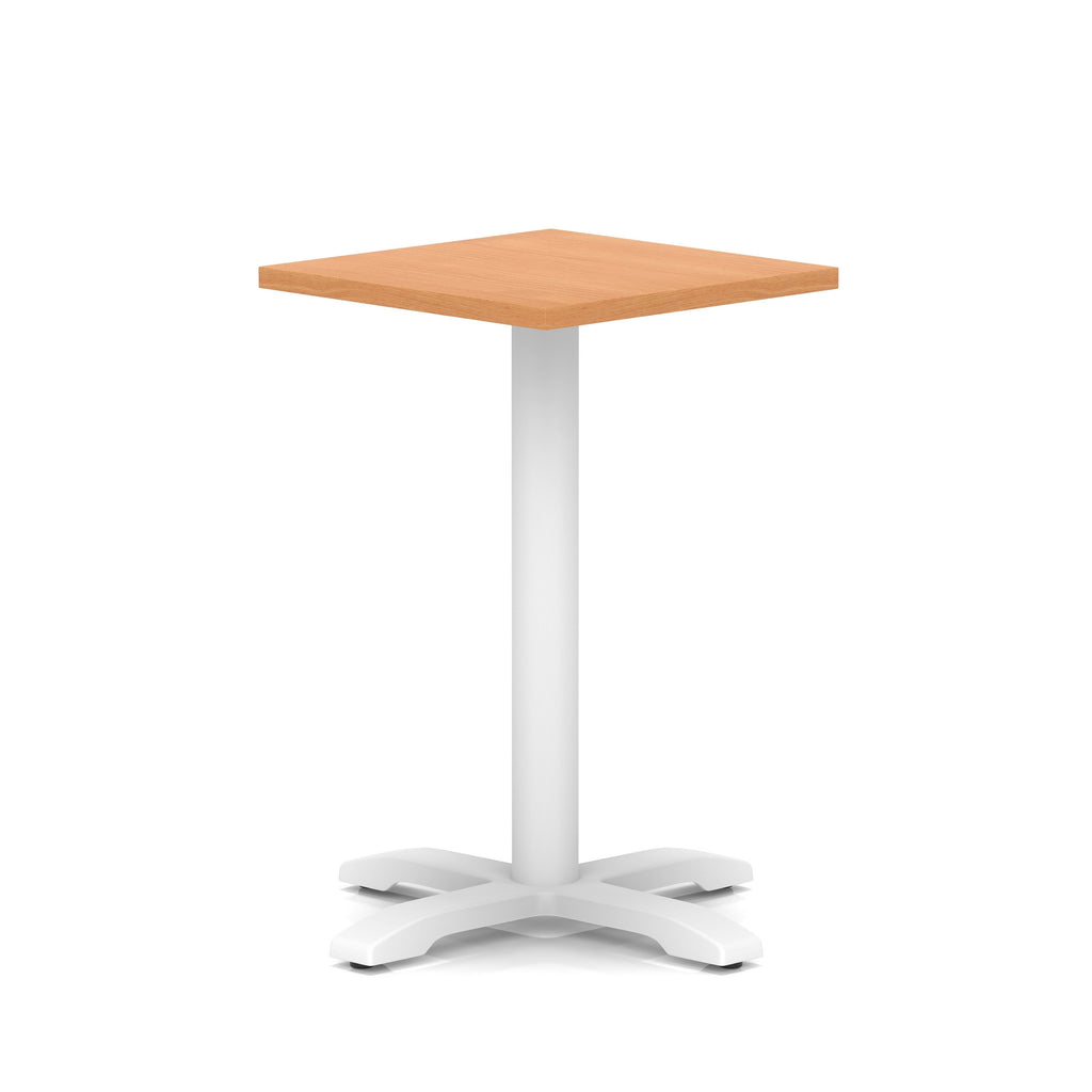 Square table with wood-effect top and white metal base on a white background