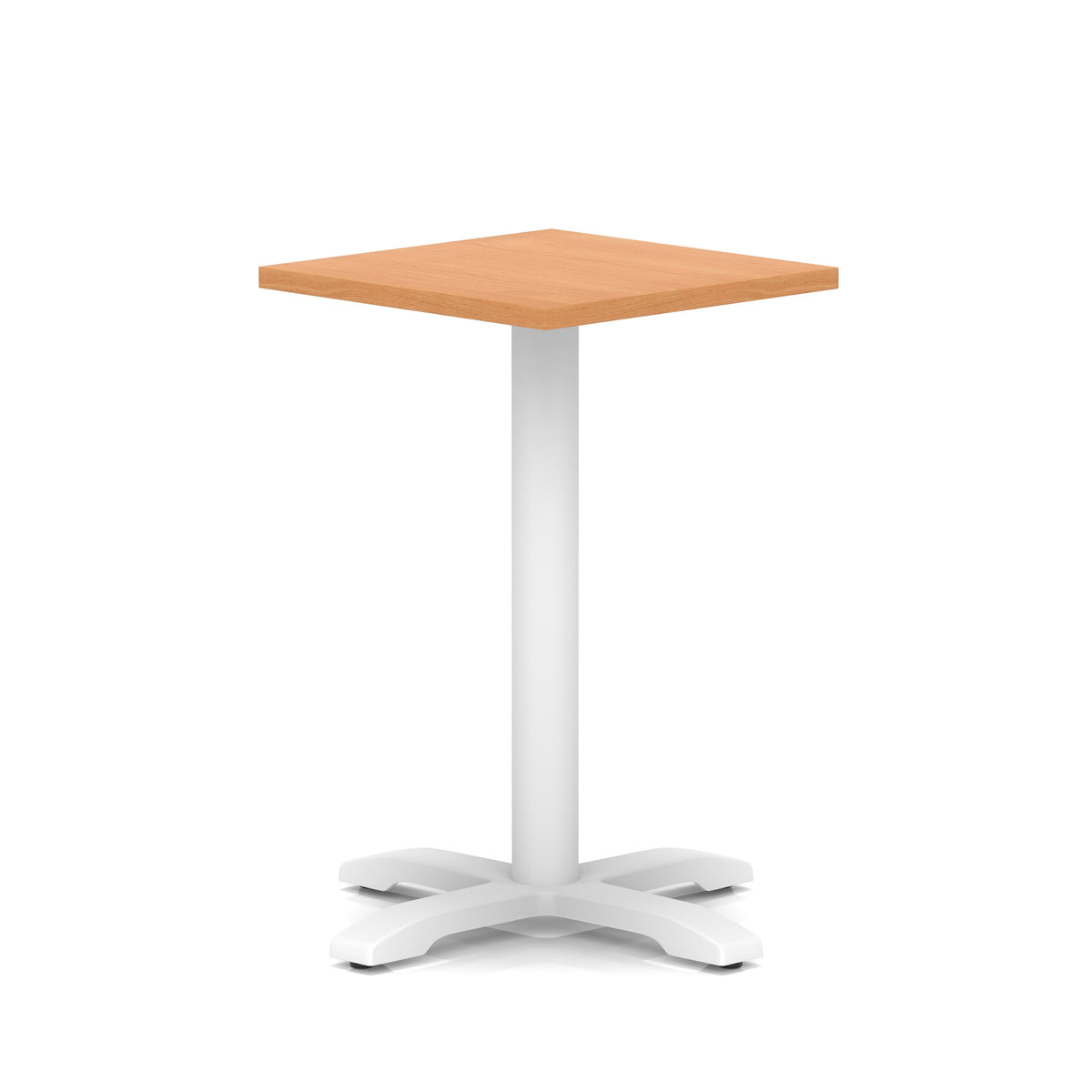 Square table with wood-effect top and white metal base on a white background