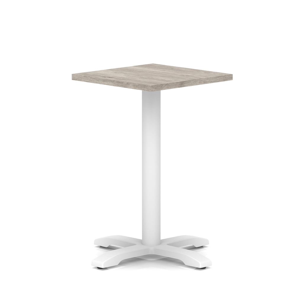 Square table with grey wood-effect top and white metal base on a white background