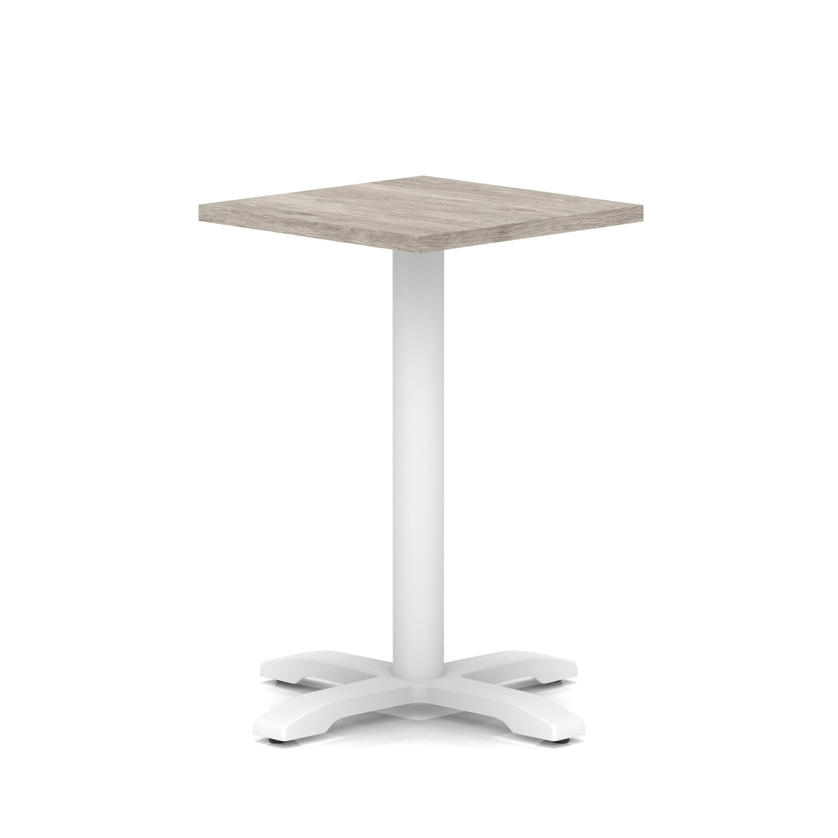Square table with grey wood-effect top and white metal base on a white background